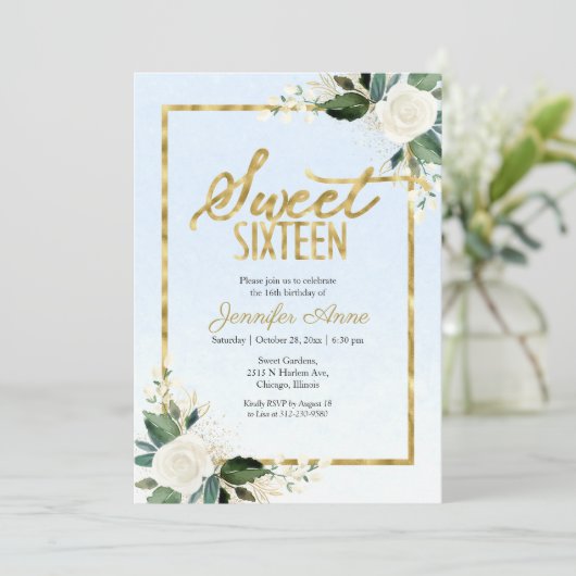 Sweet 16 White Floral op Dusty Blue Kaart (Staand voorkant)