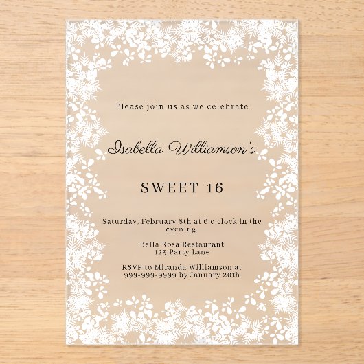 Sweet 16 white snowflakes winter party frosted acryl uitnodigingen (Voorkant)