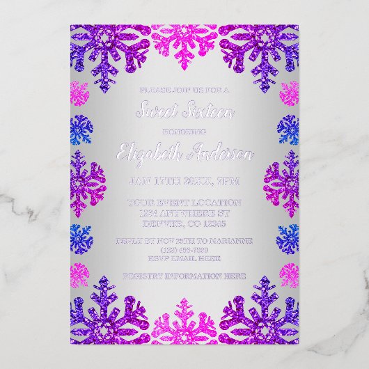 Sweet 16 Winter Sneeuwvlok Verjaardag Folie Uitnodiging (Voorkant)