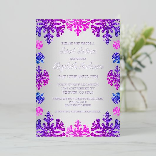 Sweet 16 Winter Sneeuwvlok Verjaardag Folie Uitnodiging (Staand Voorkant)