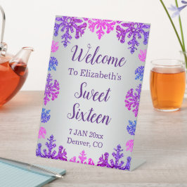 Sweet 16 Winter Sneeuwvlok Verjaardag Reclamebord Met Voetstuk