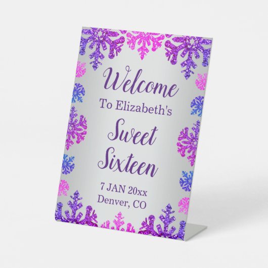 Sweet 16 Winter Sneeuwvlok Verjaardag Reclamebord Met Voetstuk (Voorkant)