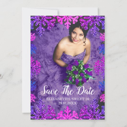 Sweet 16 Winter Sneeuwvlok Verjaardag Save The Date (Voorkant)