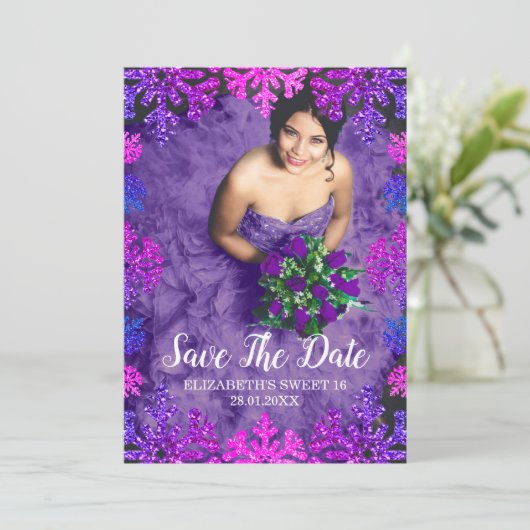 Sweet 16 Winter Sneeuwvlok Verjaardag Save The Date (Staand voorkant)