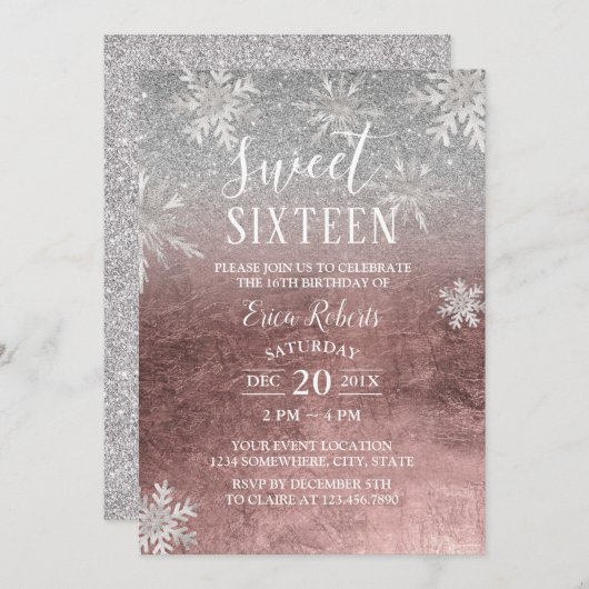 Sweet 16 Winter Snowflakes Roos Gold & Silver Kaart (Voorkant / Achterkant)