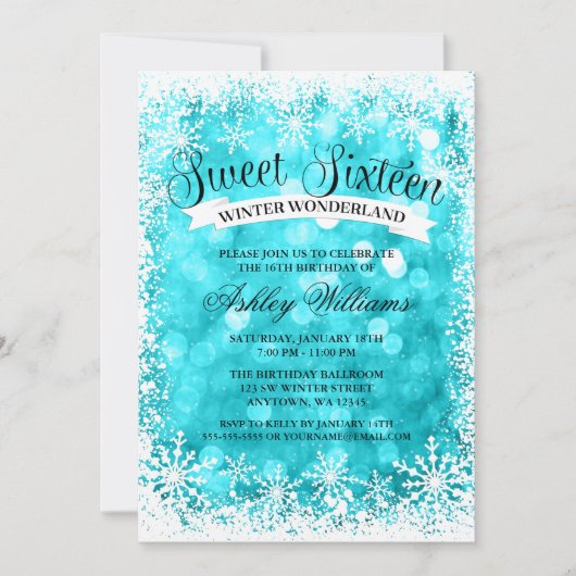 Sweet 16 Winter Wonderland Blauwgroen Glitter Ligh Kaart (Voorkant)