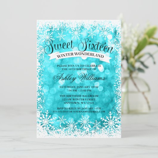 Sweet 16 Winter Wonderland Blauwgroen Glitter Ligh Kaart (Staand voorkant)