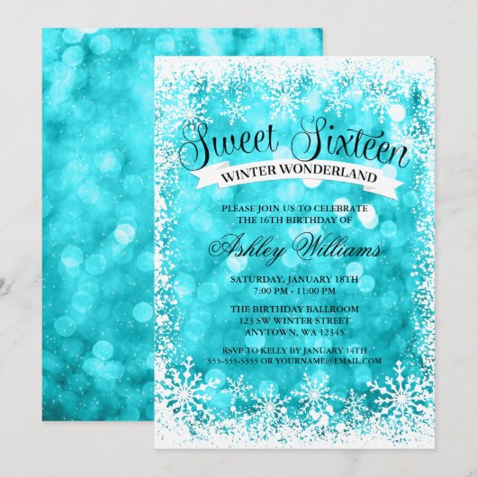Sweet 16 Winter Wonderland Blauwgroen Glitter Ligh Kaart (Voorkant / Achterkant)