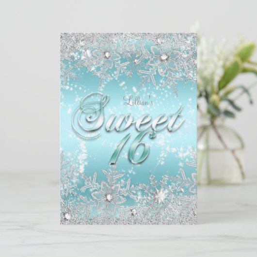 Sweet 16 Winter Wonderland Blue Blauwgroen Snowfla Kaart (Staand voorkant)
