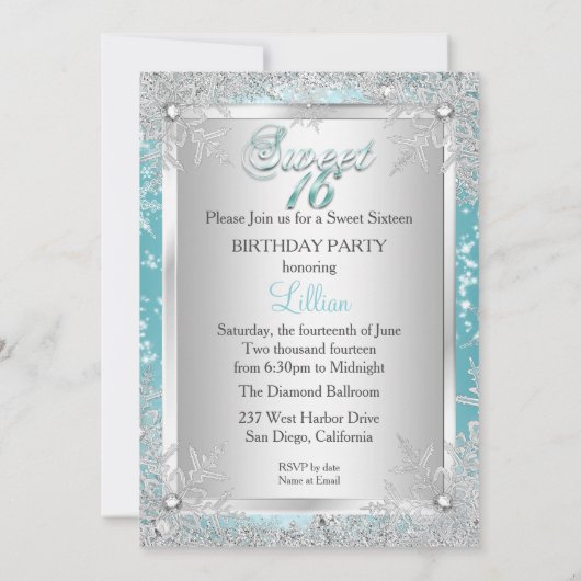 Sweet 16 Winter Wonderland Blue Blauwgroen Snowfla Kaart (Achterkant)