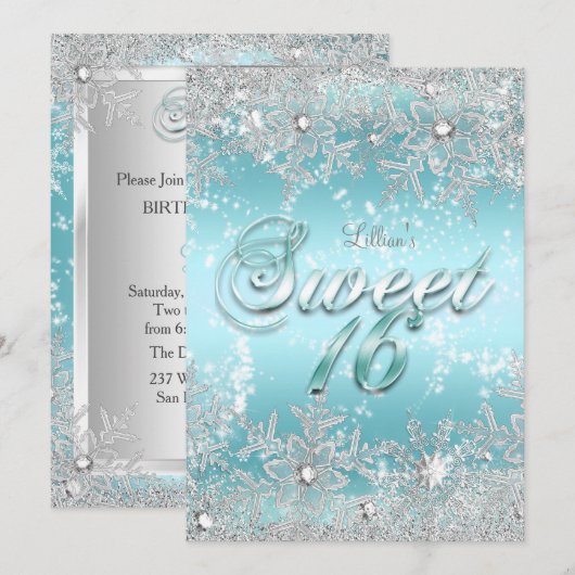 Sweet 16 Winter Wonderland Blue Blauwgroen Snowfla Kaart (Voorkant / Achterkant)