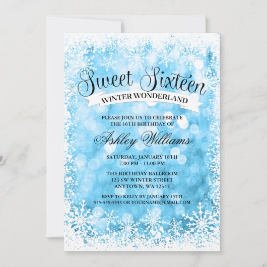 Sweet 16 Winter Wonderland Blue Glitter Lights Kaart (Voorkant)