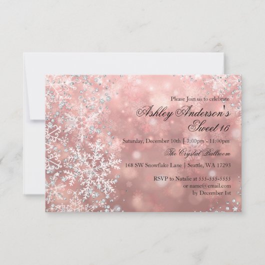 Sweet 16 Winter Wonderland Sparkle Snowflakes RSVP Kaartje (Voorkant)