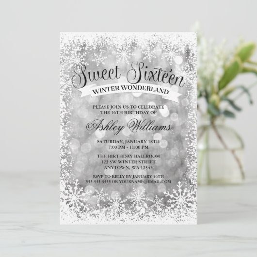 Sweet 16 Winter Wonderland Zilveren Glitter Lights Kaart (Staand voorkant)