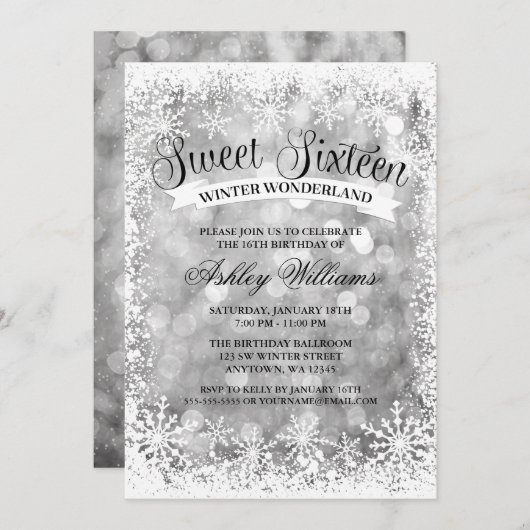 Sweet 16 Winter Wonderland Zilveren Glitter Lights Kaart (Voorkant / Achterkant)