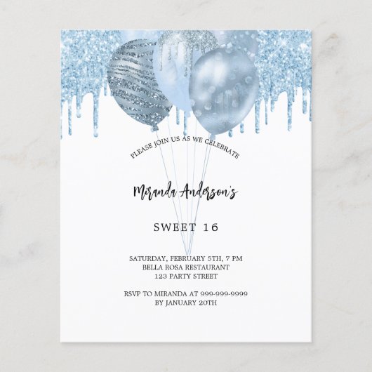 Sweet 16 witte blauwe ballonnen budget uitnodiging (Voorkant)
