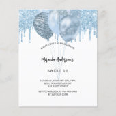 Sweet 16 witte blauwe ballonnen budget uitnodiging flyer (Voorkant)