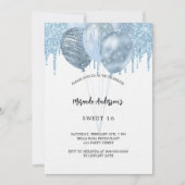 Sweet 16 witte blauwe ballonnen glitter druppels l kaart (Voorkant)