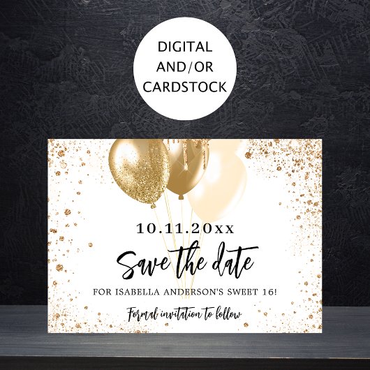 Sweet 16 witte gouden ballonnen glitter party save the date