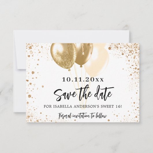 Sweet 16 witte gouden ballonnen glitter party save the date (Voorkant)
