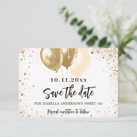 Sweet 16 witte gouden ballonnen glitter party save the date (Staand voorkant)