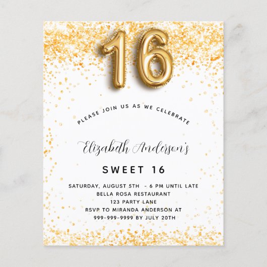 Sweet 16 witte gouden glans budget uitnodiging flyer (Voorkant)