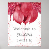 Sweet 16 witte rode glitter welkome ballonnen poster (Voorkant)