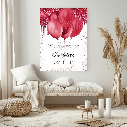 Sweet 16 witte rode glitter welkome ballonnen poster