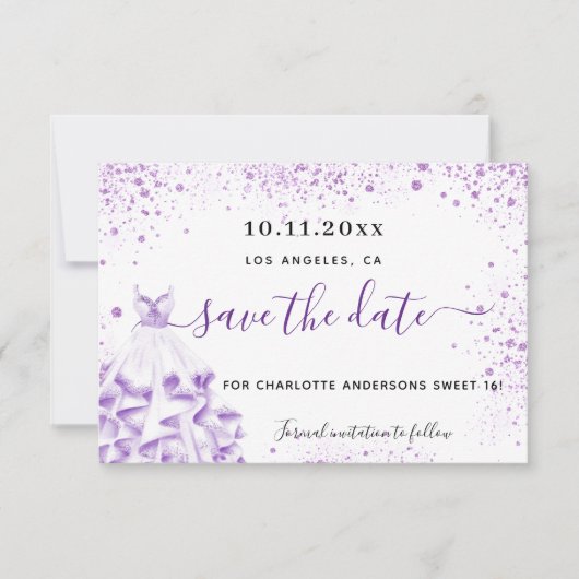 Sweet 16 witte violetjurken save the date (Voorkant)