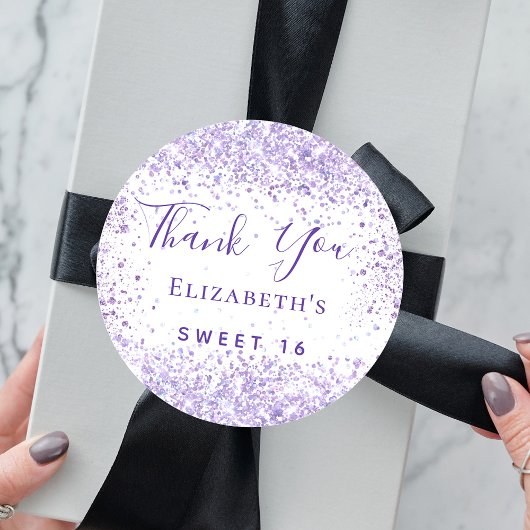 Sweet 16 witte violette glitter naam bedankt ronde sticker