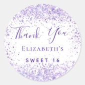Sweet 16 witte violette glitter naam bedankt ronde sticker (Voorkant)