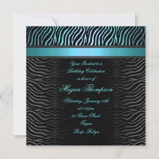 Sweet 16 Zebra Print Blue Verjaardag Uitnodiging (Achterkant)