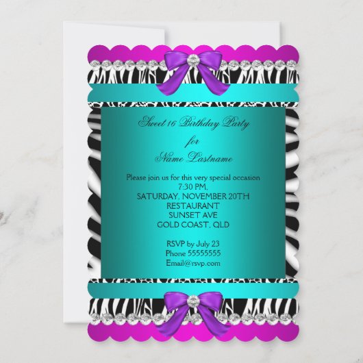 Sweet 16 Zebra Roze Blauwgroen Paarse Bow Fun Part Kaart (Achterkant)