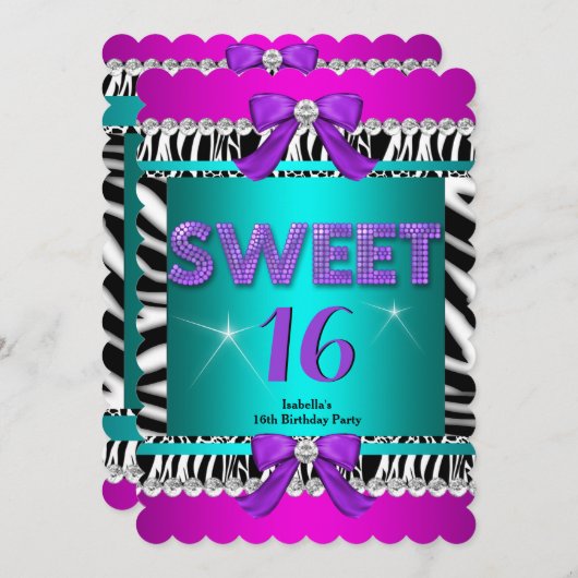 Sweet 16 Zebra Roze Blauwgroen Paarse Bow Fun Part Kaart (Voorkant / Achterkant)
