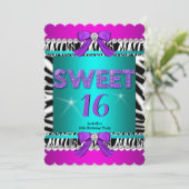 Sweet 16 Zebra Roze Blauwgroen Paarse Bow Fun Part Kaart (Staand voorkant)