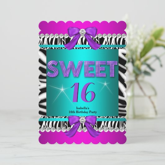 Sweet 16 Zebra Roze Blauwgroen Paarse Bow Fun Part Kaart (Staand voorkant)