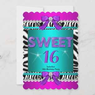 Sweet 16 Zebra Roze Blauwgroen Paarse Bow Fun Part Kaart