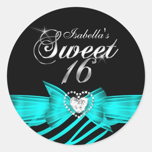 Sweet 16 Zestien Aqua Black Zebra Aangepaste Stick Ronde Sticker (Voorkant)