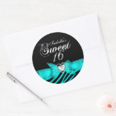 Sweet 16 Zestien Aqua Black Zebra Aangepaste Stick Ronde Sticker (Envelop)