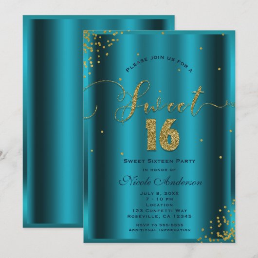 SWEET 16 Zestien Aqua Blue & Gold Confetti Corners Kaart (Voorkant / Achterkant)