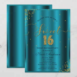 SWEET 16 Zestien Aqua Blue & Gold Confetti Corners Kaart