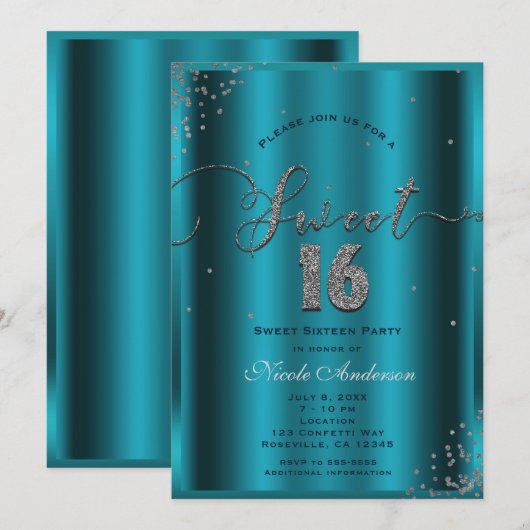 SWEET 16 Zestien Aqua Blue Silver Confetti Corners Kaart (Voorkant / Achterkant)