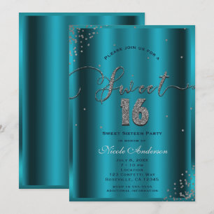 SWEET 16 Zestien Aqua Blue Silver Confetti Corners Kaart