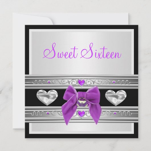 Sweet 16 Zestien Birthday White Black Paars Bow Kaart (Voorkant)