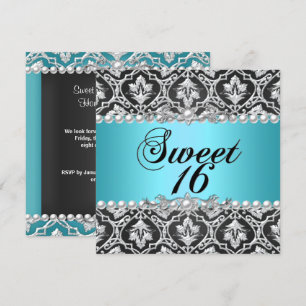 Sweet 16 Zestien Blauw Turquoise Aqua Zwart Zilver Kaart