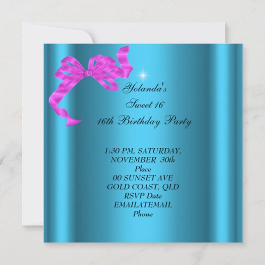 Sweet 16 Zestien Blauwgroen blauw roze diamanten A Kaart (Achterkant)