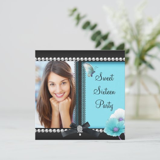 Sweet 16 Zestien Blauwgroen blauwe vlinder Kaart (Staand voorkant)