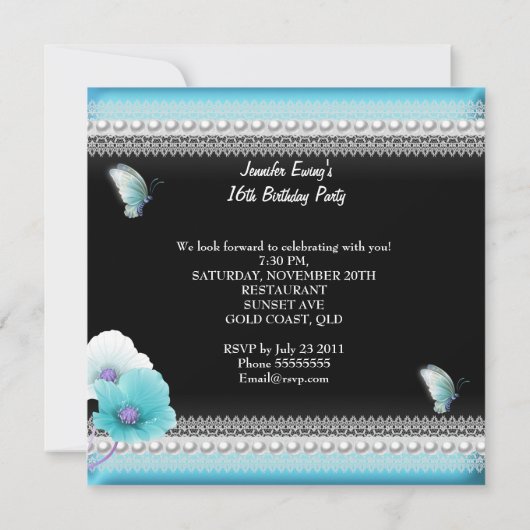 Sweet 16 Zestien Blauwgroen blauwe vlinder Kaart (Achterkant)