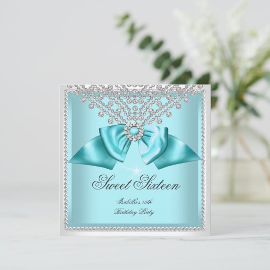 Sweet 16 Zestien Blauwgroen Blue White Diamond Par Kaart (Staand voorkant)