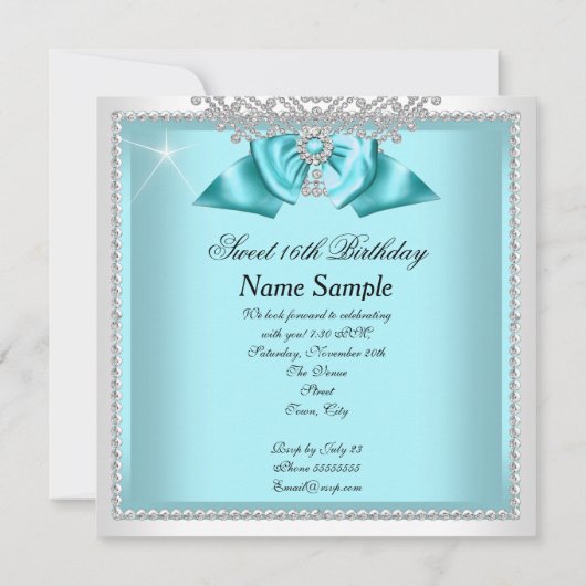 Sweet 16 Zestien Blauwgroen Blue White Diamond Par Kaart (Achterkant)